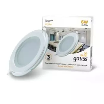 Светильник встраиваемый Gauss Glass LED, 6 Вт, 4000K, 450 Лм, 185-265 В, IP20, белый