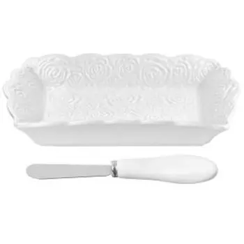 тарелочка под масло ELAN GALLERY Розы 18,5х11,2х3,4 см, с ножом, фарфор