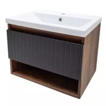 Тумба для ванной Акваль Нова, 60 см, черная шагрень, с раковиной Тобаго 60