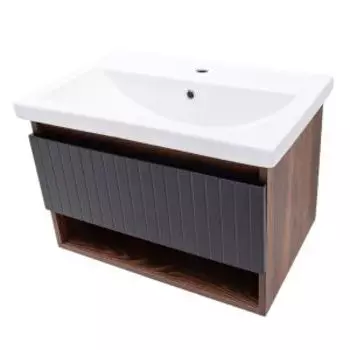 Тумба для ванной Акваль Нова, 70 см, черная шагрень, с раковиной Фостер 70