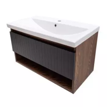 Тумба для ванной Акваль Нова, 80 см, черная шагрень, с раковиной Тобаго 80