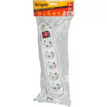 Удлинитель Navigator, 5 гнезд, 3 м, с заземлением, с выключателем, 10 А