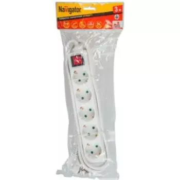 Удлинитель Navigator, 5 гнезд, 5 м, с заземлением, с выключателем, 10 А