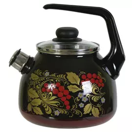 Чайник эмалированный со свистком СтальЭмаль "Рябина", цвет: черный/декор, 3 л, 4С209Я