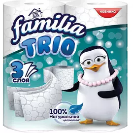 Туалетная бумага Familia "Trio", белая трехслойная, 4 шт