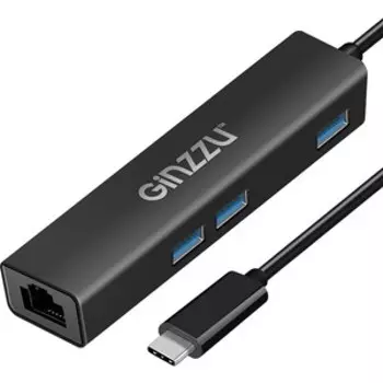 Адаптер Ginzzu HUB GR-765UB TYPE C, 3xUSB3.0, GIGA LAN 1000Mb/s, металл