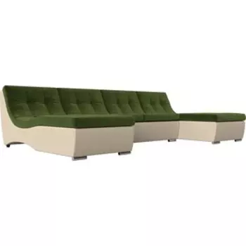 АртМебель П-образный модульный диван Монреаль микровельвет зеленый экокожа бежевый