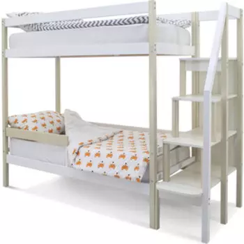 Бельмарко Детская двухярусная кровать Svogen бежево-белый + бортик ограждение