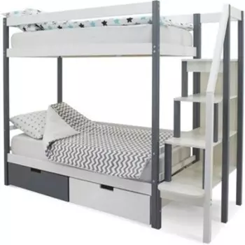 Бельмарко Детская двухярусная кровать Svogen графит-белый + ящики 1 графит, 1 белый + бортик ограждение