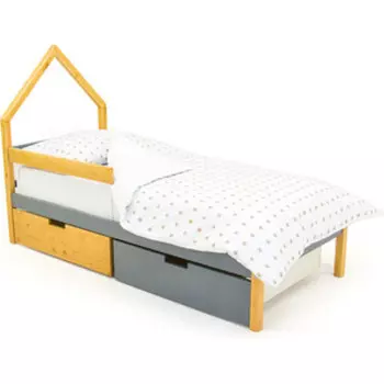 Детская кровать-домик Бельмарко мини Svogen дерево-графит + ящики 1 дерево, 1 графит + бортик ограждение