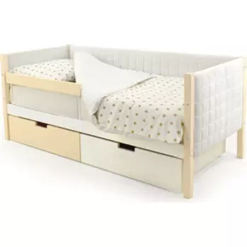 Детская кровать-тахта Бельмарко мягкая Svogen бежево-белый + ящики 1 бежевый, 1 белый + бортик ограждение