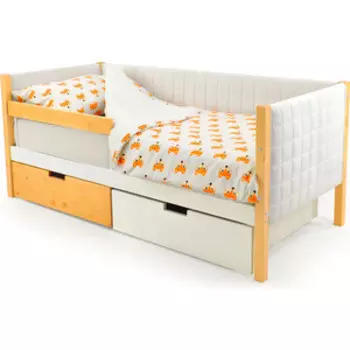 Детская кровать-тахта Бельмарко мягкая Svogen дерево-белый + ящики 1 дерево, 1 белый + бортик ограждение
