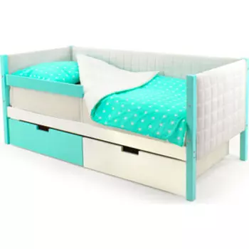 Детская кровать-тахта Бельмарко мягкая Svogen мятно-белый + ящики 1 мятный, 1 белый + бортик ограждение