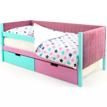 Детская кровать-тахта Бельмарко мягкая Svogen мятный-лаванда + ящики 1 мятный, 1 лаванда + бортик ограждение