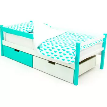 Бельмарко Детская кровать-тахта Svogen мятно-белый + ящики 1 мятный, 1 белый + бортик ограждение