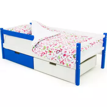 Бельмарко Детская кровать-тахта Svogen сине-белый + ящики 1 синий, 1 белый + бортик ограждение