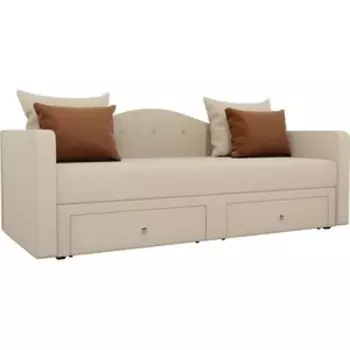 Детский прямой диван АртМебель Дориан рогожка бежевый подушки коричневые