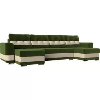 Диван АртМебель Честер вельвет зеленый вставка экокожа бежевая П-образный
