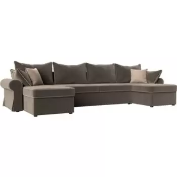 Диван АртМебель Элис велюр коричневый с бежевыми подушками П- образный
