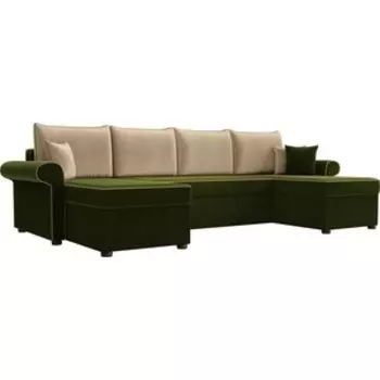 Диван П-образный АртМебель Милфорд микровельвет зеленый подушки бежевые