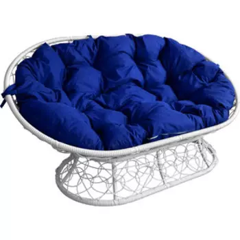 Диван Планета про Мамасан ротанг искусственный, белый, подушка синяя (12110110)