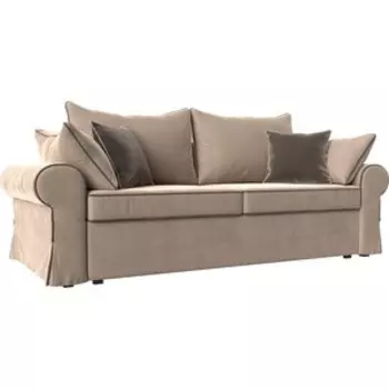 Диван прямой АртМебель Элис велюр бежевый с коричневыми подушками