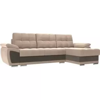 Диван угловой АртМебель Нэстор велюр бежевый вставка коричневая правый угол