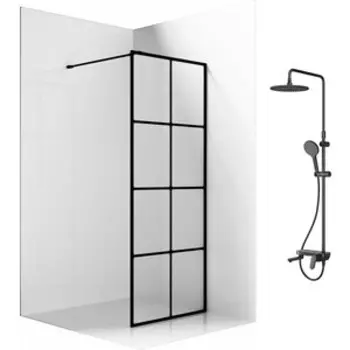 Душевой уголок Ambassador Walk-in 100х100-70 с душевой системой Am.Pm, прозрачный с рисунком, черный (15031240, F0780722)