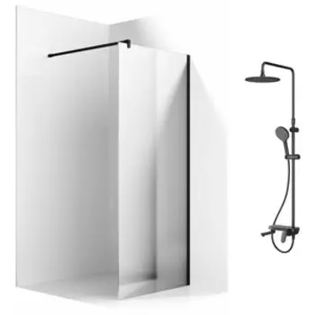 Душевой уголок Ambassador Walk-in 100х100-70 с душевой системой Am.Pm, зеркальный, черный (15033222, F0780722)