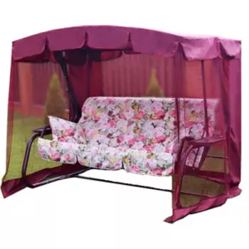 Качели садовые 3-х местные Ольса Турин-2 каркас бордовый, ткань цветы с914