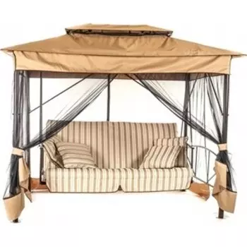 Качели садовые 4-х местные Ольса Шатер ткань панама каркас коричневый, ткань полоска бежево-коричневная