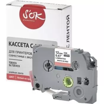 Кассета с лентой S'OK TZE435 для Brother, белый на красном, 12мм/8м