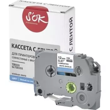 Кассета с лентой S'OK TZE535 для Brother, белый на синем, 12мм/8м