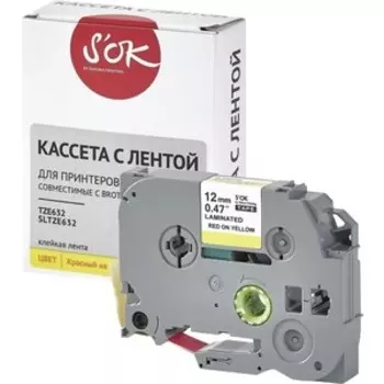 Кассета с лентой S'OK TZE632 для Brother, красный на желтом, 12мм/8м