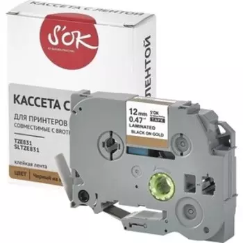 Кассета с лентой S'OK TZE831 для Brother, черный на золотом, 12мм/8м
