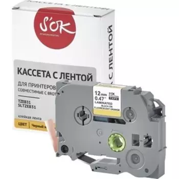 Кассета с лентой S'OK TZEB31 для Brother, черный на оранжевом, 12мм/8м