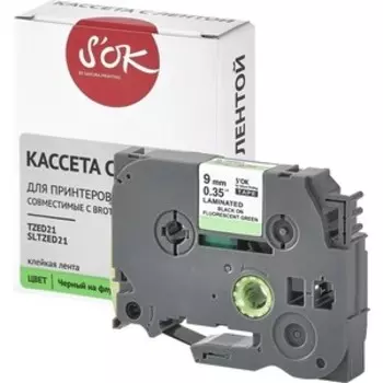 Кассета с лентой S'OK TZED21 для Brother, черный на зеленом, 9мм/8м