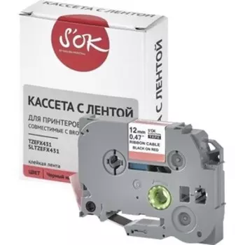 Кассета с лентой S'OK TZEFX431 для Brother, черный на красном, 12мм/8м