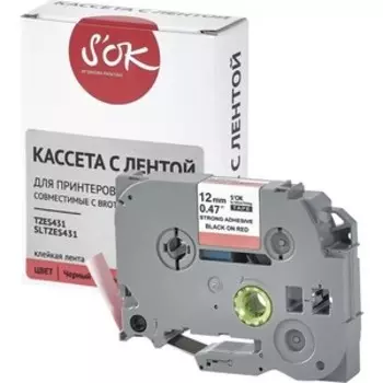 Кассета с лентой S'OK TZES431 для Brother, черный на красном, 12мм/8м