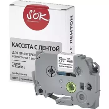 Кассета с лентой S'OK TZES931 для Brother, черный на серебре, 12мм/8м
