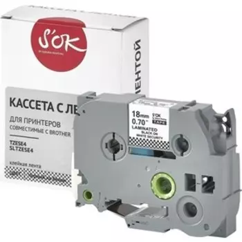 Кассета с лентой S'OK TZESE4 для Brother, черный на белом, 18мм/8м