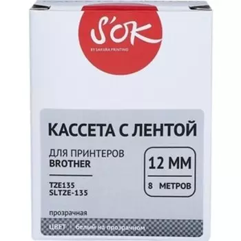 Кассета с лентой Sakura TZE135 для Brother, белый на прозрачном, 12мм/8м, наклейка