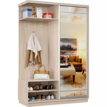 Прихожая Классика левая 01 (каркас ясень шимо светлый, фасад 09 зеркало) профиль серебро Пр.л.01.2200.1200.450.09.01.00.01