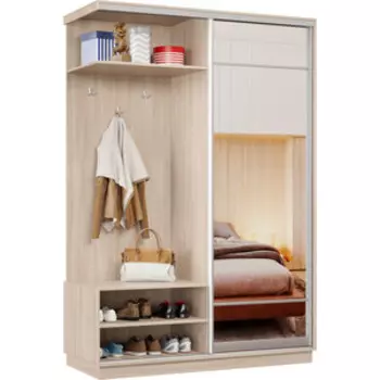 Прихожая Классика левая 01 (каркас ясень шимо светлый, фасад 10 зеркало) профиль серебро Пр.л.01.2200.1200.450.10.01.00.01