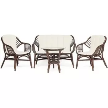 Комплект для отдыха TetChair Sonoma (стол круглый (со стеклом)+2 кресла+диван ) с подушками, ротанг walnut (грецкий орех)