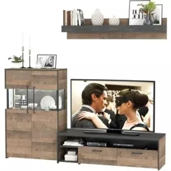 Комплект мебели Моби Трувор 13.70 тумба под ТВ + 13.306 комод с витриной + 15.60 полка дуб гранж песочный/интра