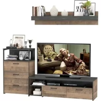 Комплект мебели Моби Трувор 13.70 тумба под ТВ + 13.307.02 комод с ящиками + 15.60 полка дуб гранж песочный/интра