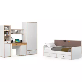 Комплект мебели Моби Вуди №36 белый премиум/дуб крафт золотой/саванна латте 900х2000