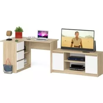 Комплект СВК Мори Стол компьютерный МС-16 левый + Тумба МТВ1200.1, цвет дуб сонома/белый