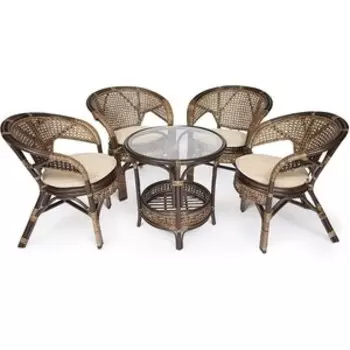 Комплект TetChair Pelangi 02/15 (стол со стеклом + 4 кресла) без подушек, ротанг, walnut (грецкий орех)